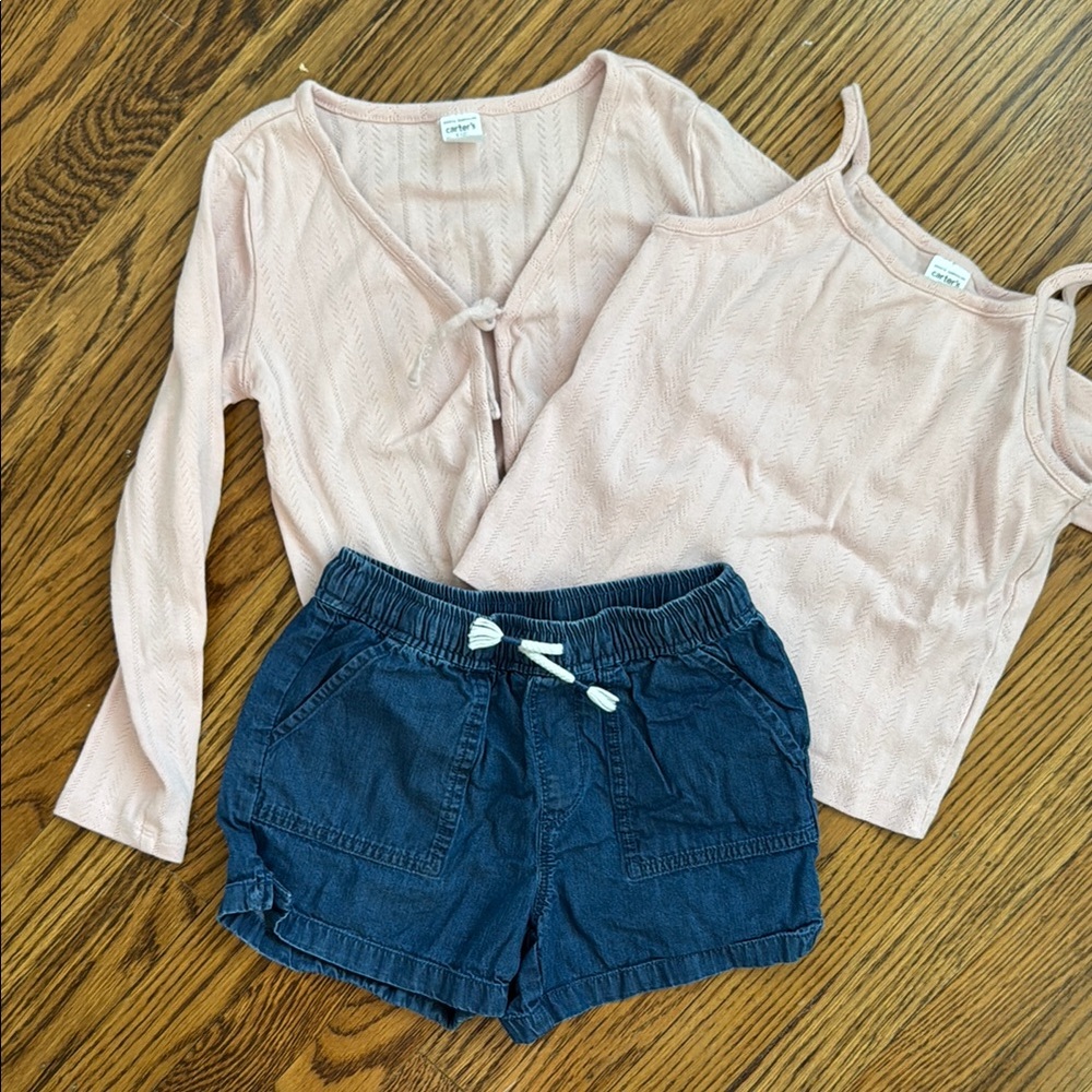 Pink Cardigan and Tank Set with Blue Shorts
